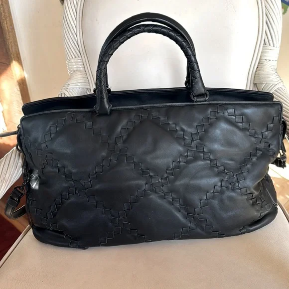 BOTTEGA VENETA Padded Black Intrecciato-Trimmed Leather Satchel. RT $ 3998. - Picture 2 of 16